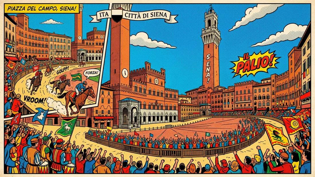 Pop-Art-Comic von Piazza del Campo Siena in Siena, Italien mit Rasterpunkten