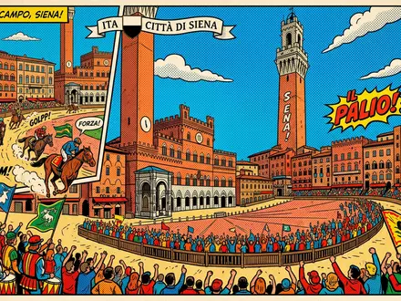 Pop-Art-Comicillustration des Wahrzeichens Piazza del Campo Siena in Siena Italien, kraeftige Konturen Rasterpunkte und satte - Foto: THN