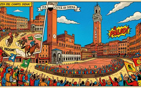 Pop-Art-Comicillustration des Wahrzeichens Piazza del Campo Siena in Siena Italien, kraeftige Konturen Rasterpunkte und satte - Foto: THN