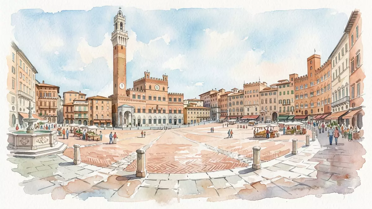 Aquarell-Illustration von Piazza del Campo Siena in Siena, Italien als Reiseposter