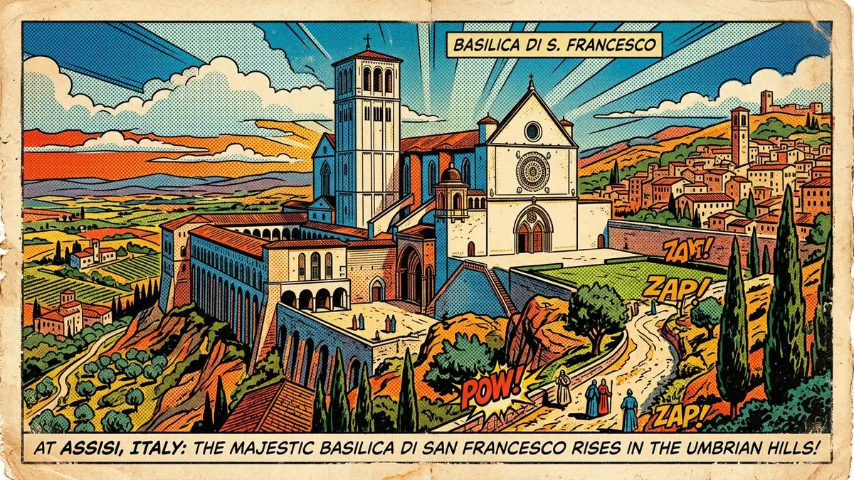Pop-Art-Comic von Basilica San Francesco Assisi in Assisi, Italien mit Rasterpunkten