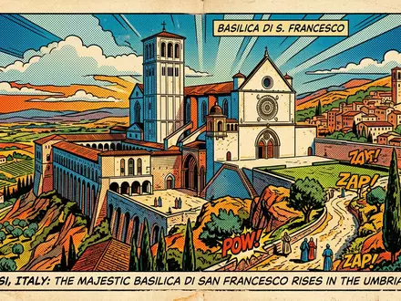 Pop-Art-Comicillustration des Wahrzeichens Basilica San Francesco Assisi in Assisi Italien, kraeftige Konturen Rasterpunkte und satte - Foto: THN