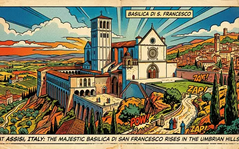 Pop-Art-Comicillustration des Wahrzeichens Basilica San Francesco Assisi in Assisi Italien, kraeftige Konturen Rasterpunkte und satte - Foto: THN
