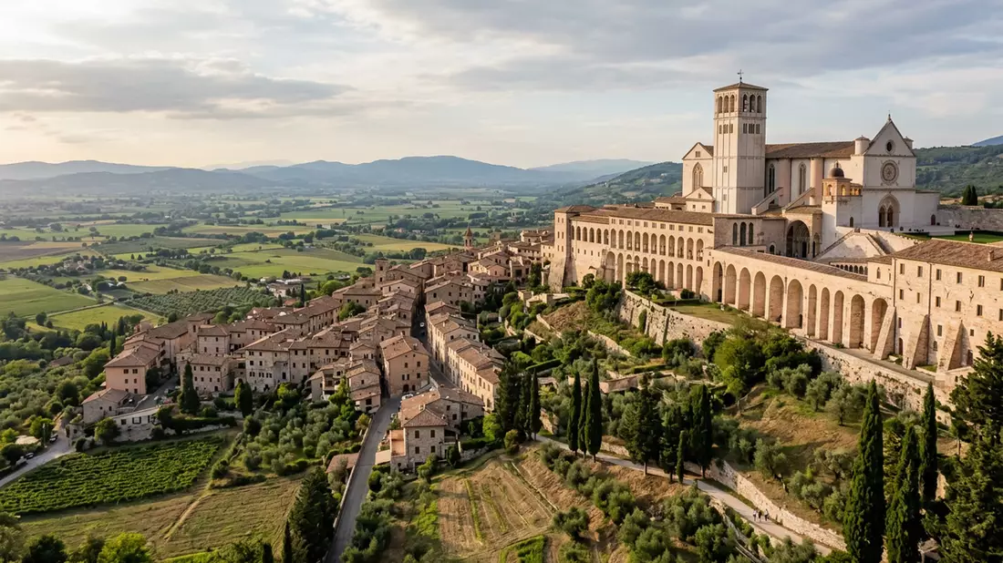 Editorial-Reisemagazinbild vom Wahrzeichen Basilica San Francesco Assisi in Assisi, Italien