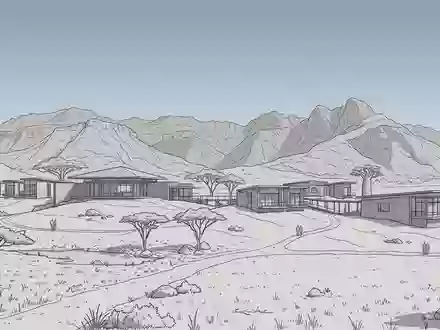 Moderner Architektur-Render zeigt Silhouette von Nyerere-Nationalpark in Morogoro Tansania, klare Linien und neutrales Tageslicht - Foto: THN