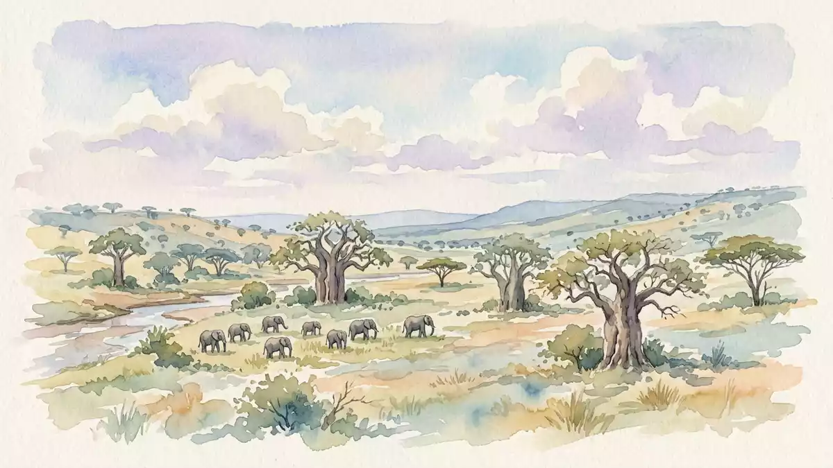 Aquarell-Illustration von Tarangire-Nationalpark in Arusha, Tansania als Reiseposter