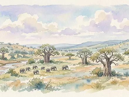 Aquarellillustration des Wahrzeichens Tarangire-Nationalpark in Arusha Tansania, weiche Farbverläufe und pastelliges Reiseposter-Feeling - Foto: THN
