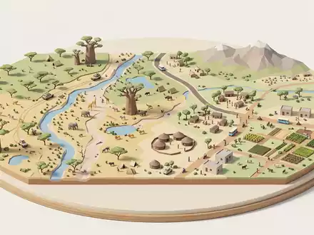 Isometrisches Diorama von Tarangire-Nationalpark und Umgebung in Arusha Tansania, verspielte Low-Poly-Kulisse in Pastellfarben - Foto: THN