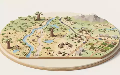 Isometrisches Diorama von Tarangire-Nationalpark und Umgebung in Arusha Tansania, verspielte Low-Poly-Kulisse in Pastellfarben - Foto: THN