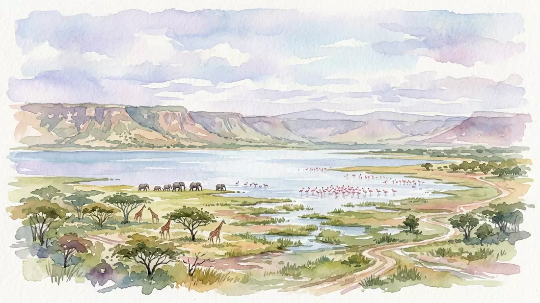 Aquarell-Illustration von Lake-Manyara-Nationalpark in Mto wa Mbu, Tansania als Reiseposter