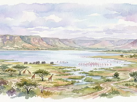Aquarellillustration des Wahrzeichens Lake-Manyara-Nationalpark in Mto wa Mbu Tansania, weiche Farbverläufe und pastelliges Reiseposter-Feeling - Foto: THN