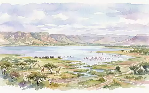 Aquarellillustration des Wahrzeichens Lake-Manyara-Nationalpark in Mto wa Mbu Tansania, weiche FarbverlÀufe und pastelliges Reiseposter-Feeling - Foto: THN
