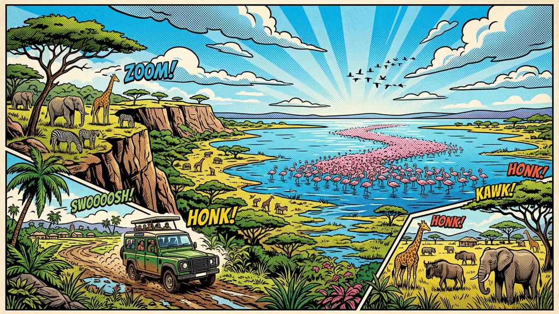 Pop-Art-Comic von Lake-Manyara-Nationalpark in Mto wa Mbu, Tansania mit Rasterpunkten