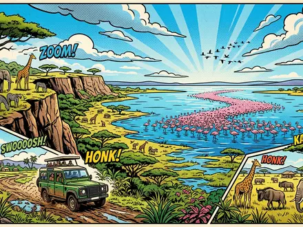 Pop-Art-Comicillustration des Wahrzeichens Lake-Manyara-Nationalpark in Mto wa Mbu Tansania, kraeftige Konturen Rasterpunkte und satte Farben - Foto: THN
