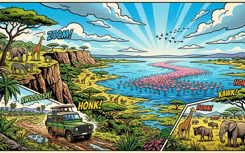 Pop-Art-Comicillustration des Wahrzeichens Lake-Manyara-Nationalpark in Mto wa Mbu Tansania, kraeftige Konturen Rasterpunkte und satte Farben - Foto: THN