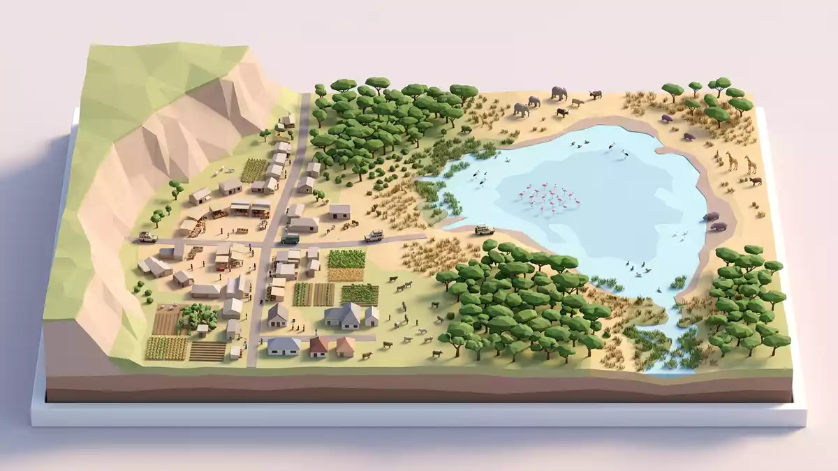 Isometrisches Diorama von Lake-Manyara-Nationalpark in Mto wa Mbu, Tansania in Pastell