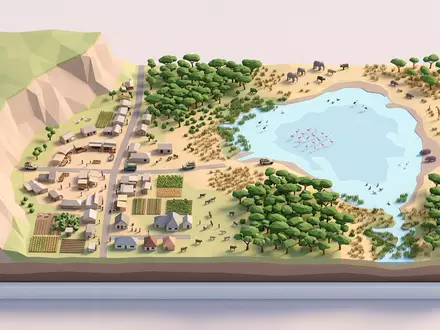Isometrisches Diorama von Lake-Manyara-Nationalpark und Umgebung in Mto wa Mbu Tansania, verspielte Low-Poly-Kulisse in Pastellfarben - Foto: THN