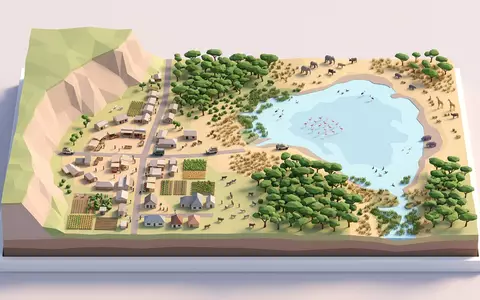 Isometrisches Diorama von Lake-Manyara-Nationalpark und Umgebung in Mto wa Mbu Tansania, verspielte Low-Poly-Kulisse in Pastellfarben - Foto: THN