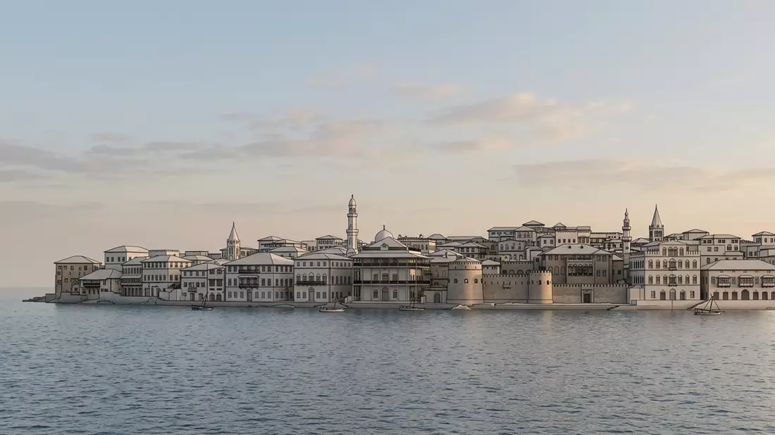 Architektur-Render von Stone Town Sansibar in Sansibar, Tansania bei Tageslicht