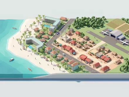Isometrisches Diorama von Diani Beach und Umgebung in Ukunda Kenia, verspielte Low-Poly-Kulisse in Pastellfarben - Foto: THN