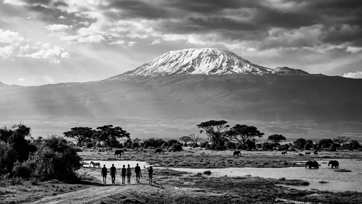 Schwarzweiss-Reportage vom Wahrzeichen Amboseli-Nationalpark in Amboseli, Kenia