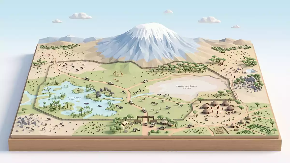 Isometrisches Diorama von Amboseli-Nationalpark in Amboseli, Kenia in Pastell