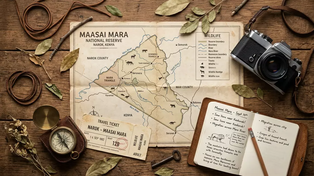Flatlay-Reise-Arrangement rund um Maasai Mara in Narok, Kenia