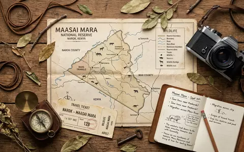 Flatlay-Reise-Arrangement rund um Maasai Mara in Narok Kenia, Karte Kompass Kamera und generische Reiserequisiten - Foto: THN