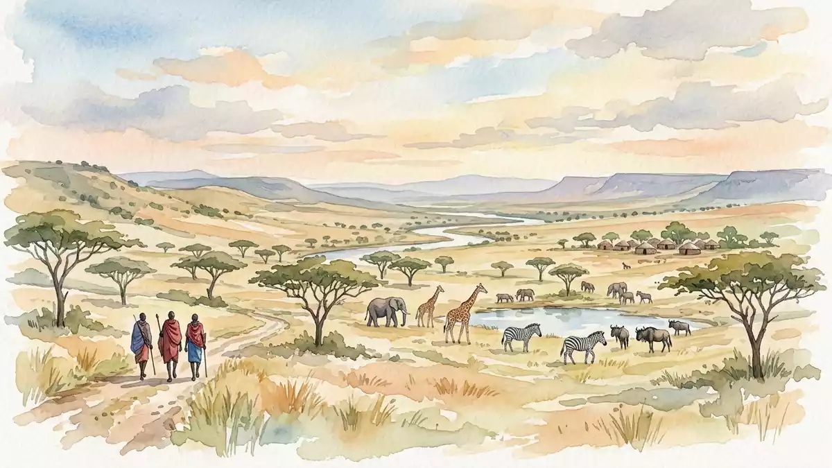 Aquarell-Illustration von Maasai Mara in Narok, Kenia als Reiseposter