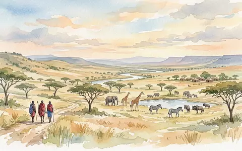 Aquarellillustration des Wahrzeichens Maasai Mara in Narok Kenia, weiche Farbverläufe und pastelliges Reiseposter-Feeling - Foto: THN