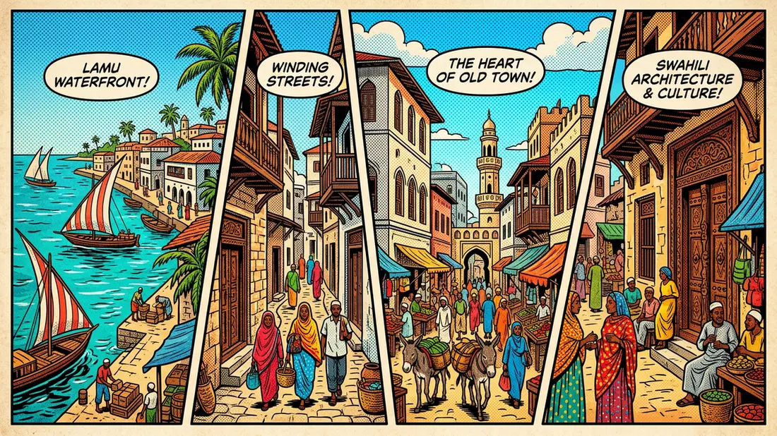 Pop-Art-Comic von Altstadt Lamu in Lamu, Kenia mit Rasterpunkten