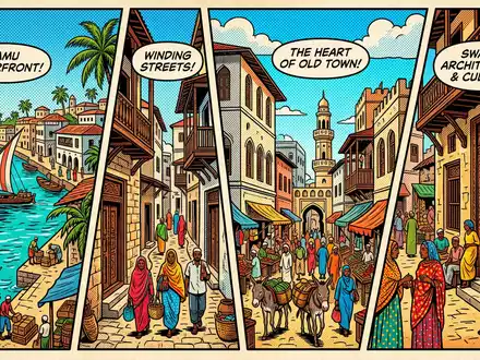 Pop-Art-Comicillustration des Wahrzeichens Altstadt Lamu in Lamu Kenia, kraeftige Konturen Rasterpunkte und satte Farben - Foto: THN