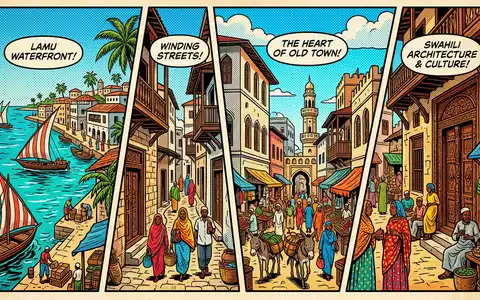 Pop-Art-Comicillustration des Wahrzeichens Altstadt Lamu in Lamu Kenia, kraeftige Konturen Rasterpunkte und satte Farben - Foto: THN