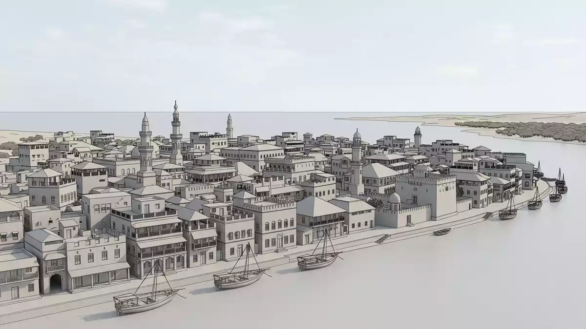 Architektur-Render von Altstadt Lamu in Lamu, Kenia bei Tageslicht