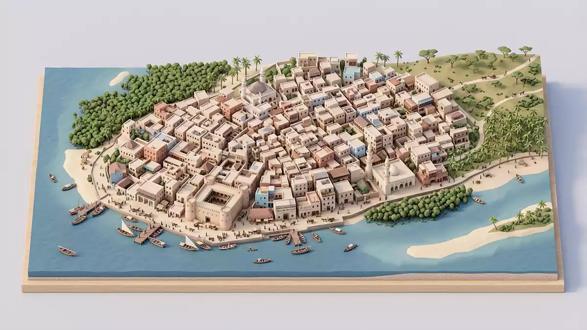 Isometrisches Diorama von Altstadt Lamu in Lamu, Kenia in Pastell