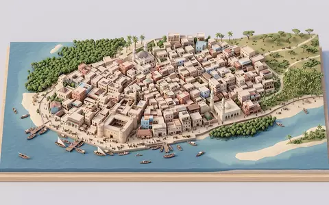 Isometrisches Diorama von Altstadt Lamu und Umgebung in Lamu Kenia, verspielte Low-Poly-Kulisse in Pastellfarben - Foto: THN