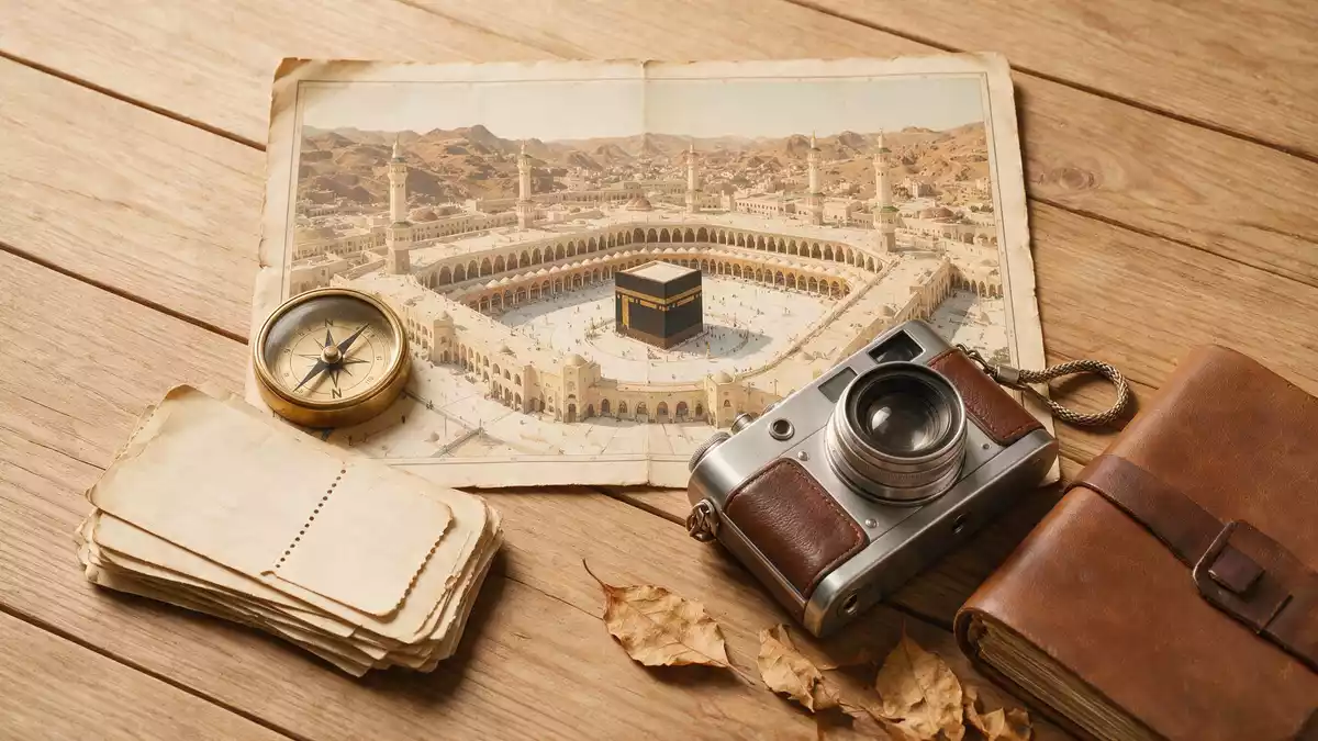 Flatlay-Reise-Arrangement rund um Al-Haram-Moschee Mekka in Mekka, Saudi-Arabien