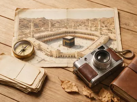 Flatlay-Reise-Arrangement rund um Al-Haram-Moschee Mekka in Mekka Saudi-Arabien, Karte Kompass Kamera und generische Reiserequisiten - Foto: THN