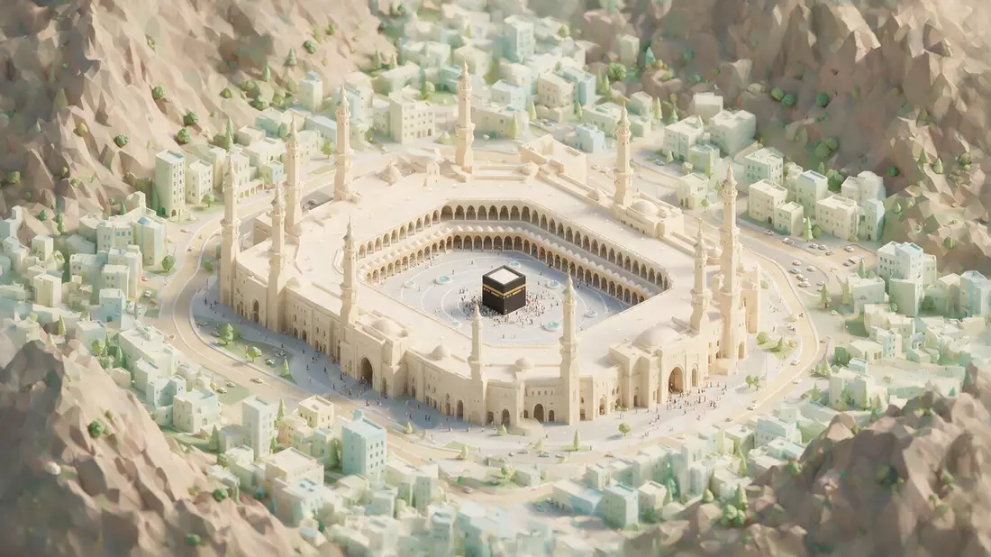 Isometrisches Diorama von Al-Haram-Moschee Mekka in Mekka, Saudi-Arabien in Pastell
