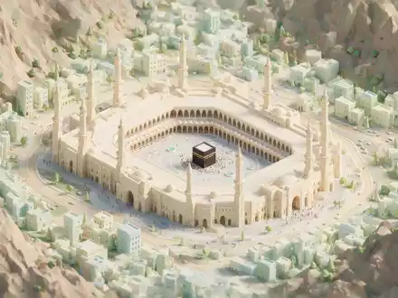 Isometrisches Diorama von Al-Haram-Moschee Mekka und Umgebung in Mekka Saudi-Arabien, verspielte Low-Poly-Kulisse in Pastellfarben - Foto: THN