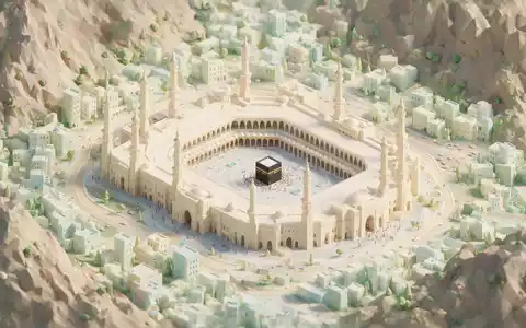 Isometrisches Diorama von Al-Haram-Moschee Mekka und Umgebung in Mekka Saudi-Arabien, verspielte Low-Poly-Kulisse in Pastellfarben - Foto: THN