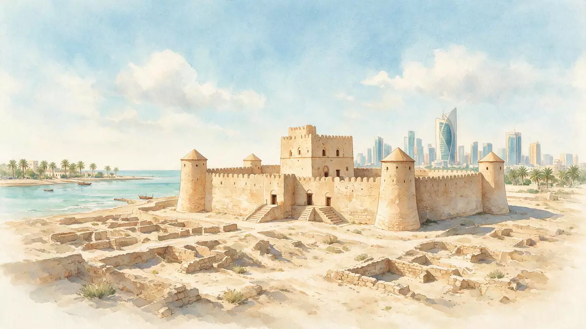 Aquarell-Illustration von Bahrain Fort in Manama, Bahrain als Reiseposter