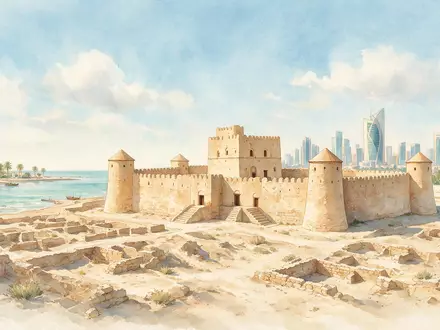 Aquarellillustration des Wahrzeichens Bahrain Fort in Manama Bahrain, weiche Farbverläufe und pastelliges Reiseposter-Feeling - Foto: THN