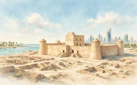 Aquarellillustration des Wahrzeichens Bahrain Fort in Manama Bahrain, weiche Farbverläufe und pastelliges Reiseposter-Feeling - Foto: THN