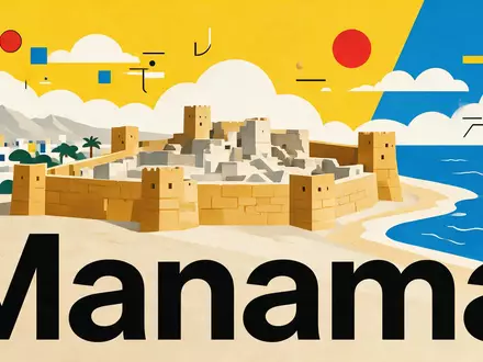 Bauhaus-Poster als geometrische Abstraktion von Bahrain Fort in Manama Bahrain, kraeftige Grundfarben und harte Formkanten - Foto: THN