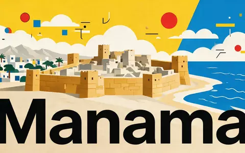Bauhaus-Poster als geometrische Abstraktion von Bahrain Fort in Manama Bahrain, kraeftige Grundfarben und harte Formkanten - Foto: THN
