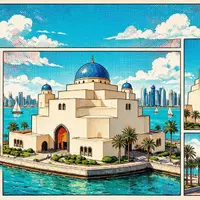 Pop-Art-Comicillustration des Wahrzeichens Museum für Islamische Kunst Doha in Doha Katar, kraeftige Konturen Rasterpunkte und - Foto: THN
