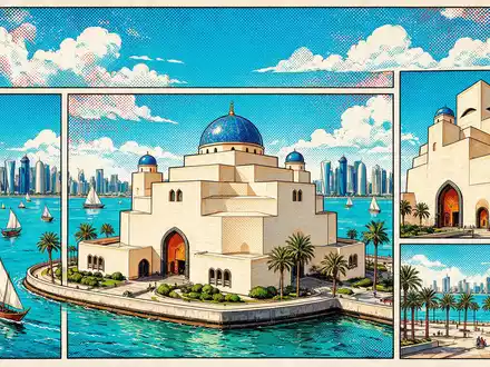 Pop-Art-Comicillustration des Wahrzeichens Museum für Islamische Kunst Doha in Doha Katar, kraeftige Konturen Rasterpunkte und - Foto: THN