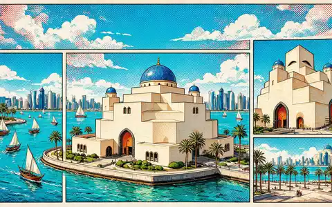 Pop-Art-Comicillustration des Wahrzeichens Museum für Islamische Kunst Doha in Doha Katar, kraeftige Konturen Rasterpunkte und - Foto: THN
