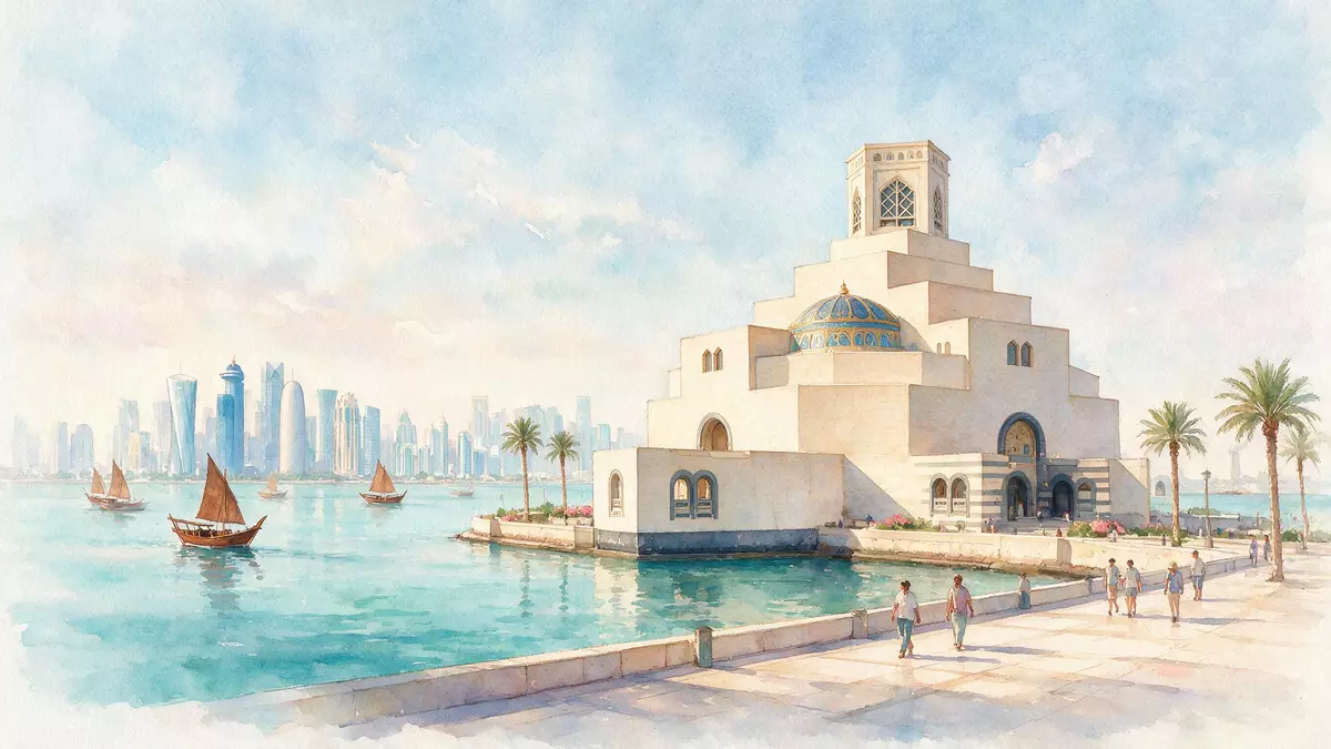 Aquarell-Illustration von Museum für Islamische Kunst Doha in Doha, Katar als Reiseposter